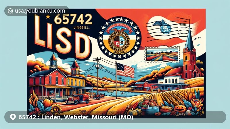 Modern illustration of Linden, Webster County, Missouri, showcasing postal theme with ZIP code 65742, featuring Missouri state flag and rural town scene.