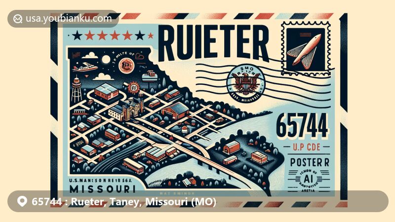 Modern illustration of Rueter, Missouri, featuring air mail envelope design with ZIP code 65744, showcasing U.S. Route 160 and Route 125 intersection and iconic postal symbols.