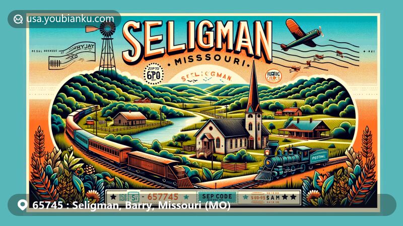 Creative illustration of Seligman, Missouri, representing ZIP code 65745, blending scenic beauty of the Ozarks with historical significance, featuring Union Church, railroad imagery, and modern postal motifs.