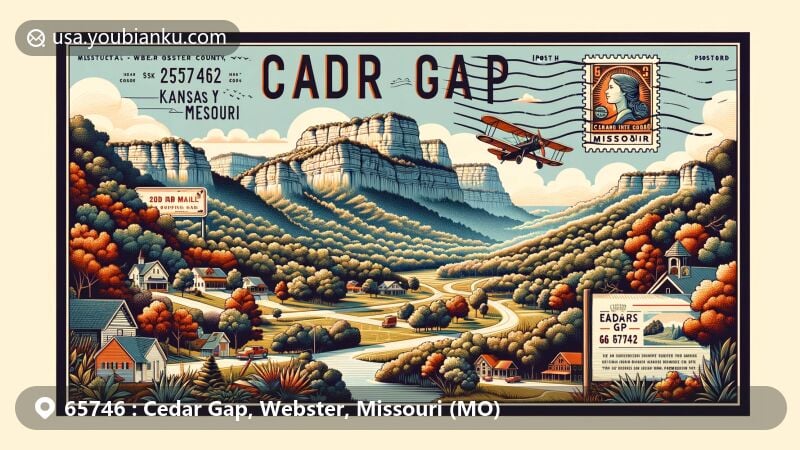 Modern illustration of Cedar Gap, Webster County, Missouri, showcasing the high-elevation landscape of the Ozarks, featuring Cedar Gap Plateau and natural elements like oak/hickory forests, limestone glades, and Bryant Creek headwaters.