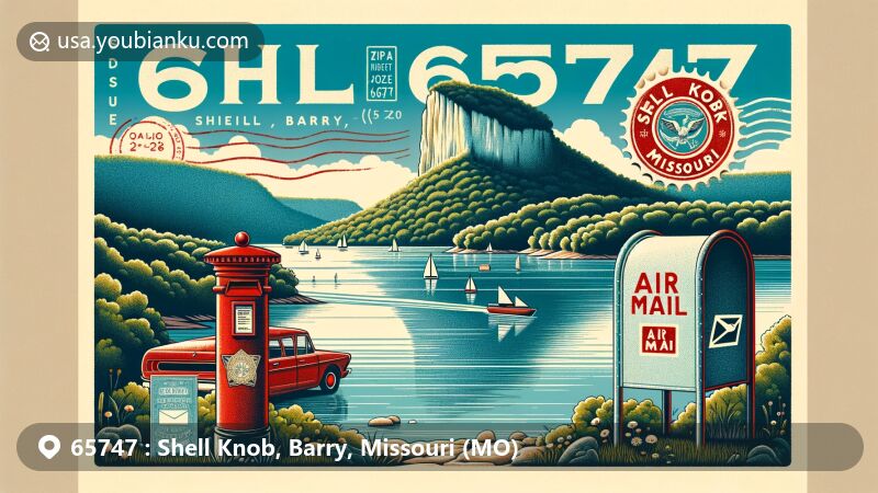 Modern illustration of Shell Knob, Barry, Missouri, highlighting Table Rock Lake and the Ozark Mountains, with vintage postal elements and ZIP code 65747.