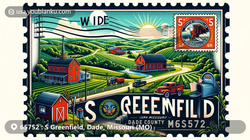 Pastoral illustration of S Greenfield, Dade County, Missouri, featuring iconic symbols of the state and representative elements of Dade County, integrating postal theme with ZIP code 65752.