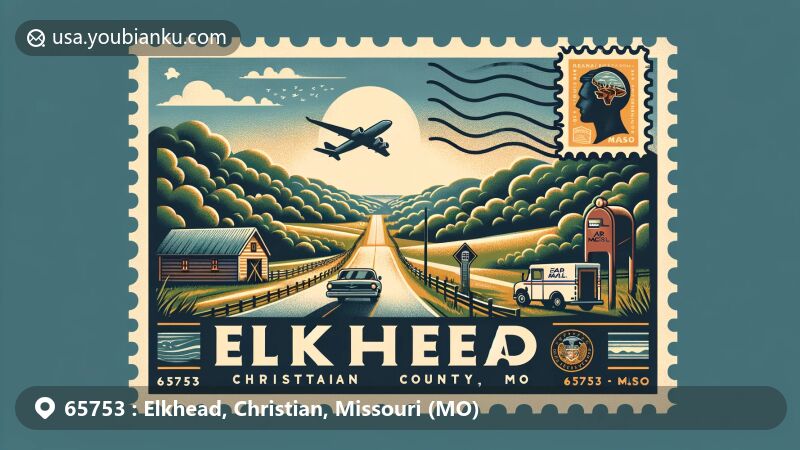 Modern illustration of Elkhead, Missouri, Christian County, featuring air mail envelope design with lush Ozark landscape, Missouri state flag, and postal elements, highlighting ZIP code 65753 and community connectivity.