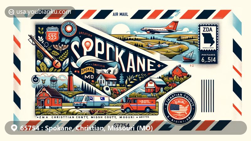 Modern illustration of Spokane, Christian County, Missouri, showcasing postal theme with ZIP code 65754, featuring rural landscape and Missouri state symbols.