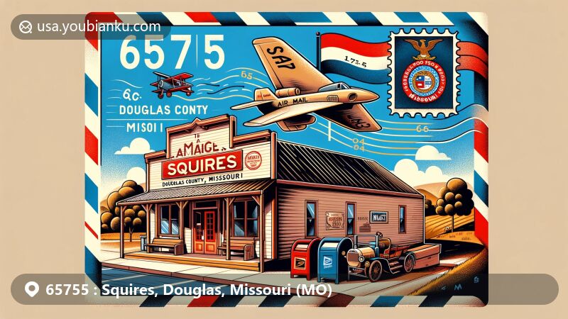 Modern illustration of Squires, Douglas County, Missouri, showcasing postal theme with ZIP code 65755, featuring the iconic Squires store and Missouri state symbols.