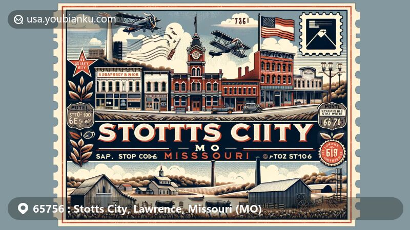 Modern illustration of Stotts City, Missouri, blending iconic elements with postal features and showcasing historical buildings, cattle farms, and Missouri state flag.