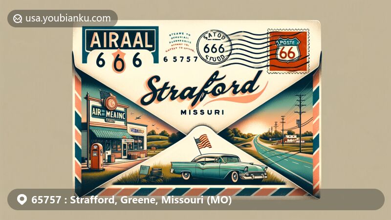Modern illustration of Strafford, Missouri, featuring a creative airmail envelope design showcasing ZIP code 65757 and iconic scenes of Strafford and historic Route 66.