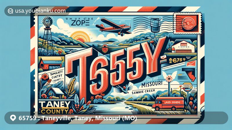 Modern illustration of Taneyville, Missouri, showcasing a striking airmail envelope with ZIP code 65759, incorporating elements of Taney County and Missouri, like Swan Creek and Beaver Creek, vintage postage stamp, postmark, and postal symbols.