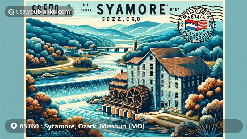 Modern illustration of Sycamore, Ozark County, Missouri, portraying historic Hodgson-Aid Mill by Bryant Creek, enveloped by sycamore trees, against a backdrop of Ozark Mountains and serene Bryant Creek, evoking rich history and natural beauty, in vintage postcard style with Missouri state flag stamp and ZIP Code 65760.