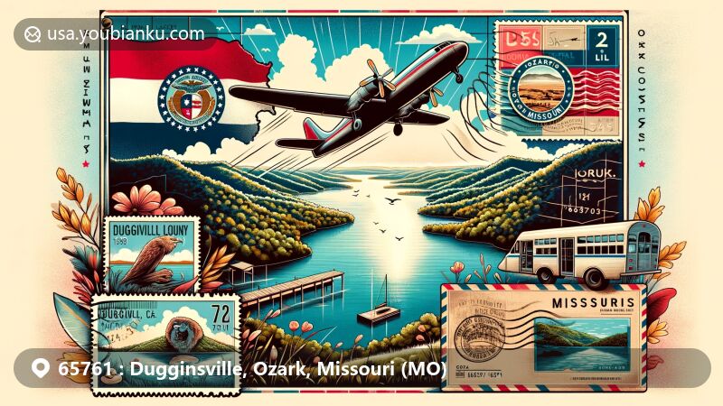 Modern illustration of Dugginsville, Ozark County, Missouri, featuring Bull Shoals Lake and elements of the Missouri state flag, with postal themes like air mail envelope, vintage stamp, and postmark carrying the ZIP code 65761.