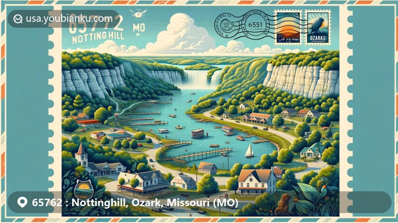 Modern illustration of Nottinghill, Ozark County, Missouri, featuring rustic charm and natural beauty of the Ozarks, showcasing Lake of the Ozarks, Hemmed-In Hollow Falls, and unique Ozark caves.