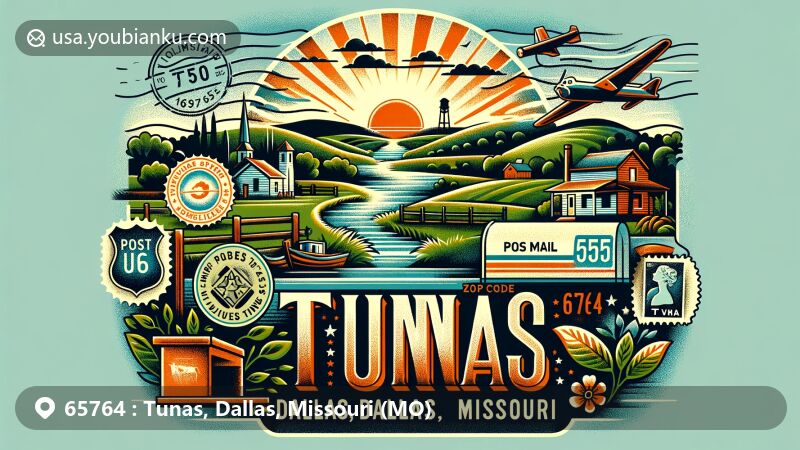 Modern illustration of Tunas, Dallas, Missouri (MO), showcasing rural landscape and postal theme with ZIP code 65764, featuring Little Niangua River and Missouri essence.