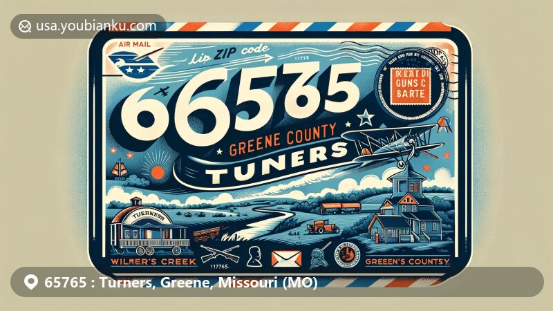 Modern illustration of Turners, Greene County, Missouri, featuring vintage air mail envelope with ZIP code 65765, showcasing James River, Wilson's Creek National Battlefield, and Greene County's outline.