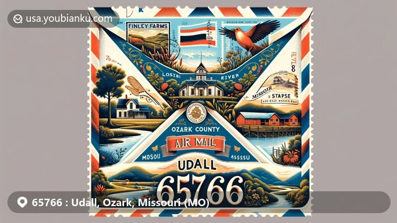 Modern illustration of Udall, Ozark County, Missouri, designed as an air mail envelope with ZIP code 65766, featuring Finley Farms and regional landmarks.