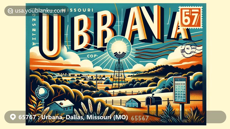 Modern illustration of Urbana, Missouri, with ZIP code 65767, highlighting rural charm and postal theme, featuring undulating hills, forests, clear skies, and vintage postal elements.
