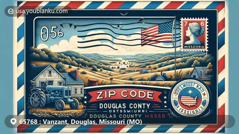 Modern illustration of Vanzant, Douglas County, Missouri, with a postal theme inspired by vintage postcards. Features include scenic Ozarks landscape, community atmosphere, and subtle incorporation of ZIP code 65768.