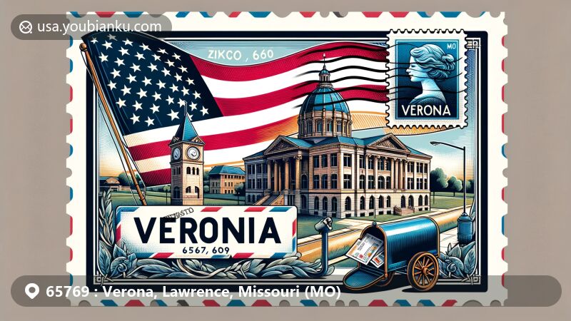 Modern illustration of Verona, Lawrence County, Missouri, featuring postcard with Missouri state flag, Verona City Hall, vintage postage stamp with ZIP code 65769, American mailbox, and air mail envelope.