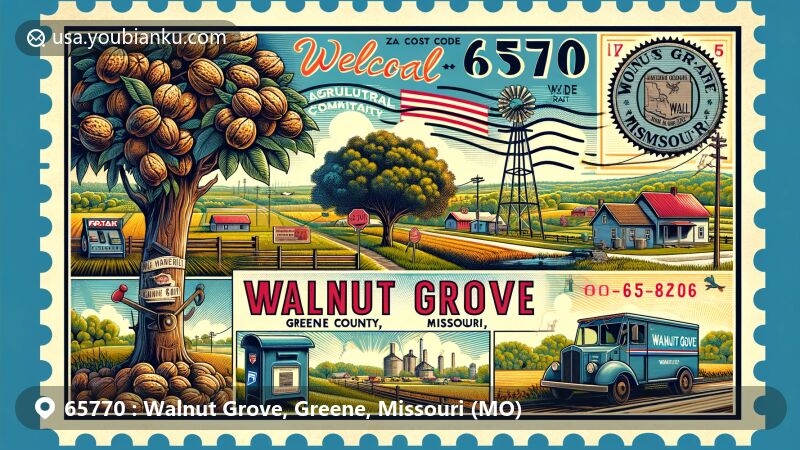 Modern illustration of Walnut Grove, Greene County, Missouri, showcasing postal theme with ZIP code 65770, featuring key landmarks like wild black walnut trees and vintage postal elements, reflecting the town's rural charm and agricultural community.