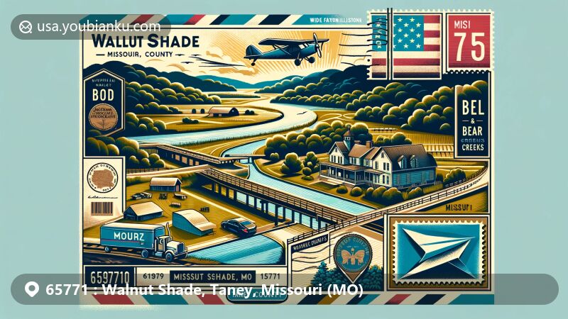 Modern illustration of Walnut Shade, Taney County, Missouri, showcasing rural charm with Bull and Bear Creeks confluence, Missouri state flag, vintage air mail elements, and scenic postal route. ZIP code 65771, featuring Bonniebrook Homestead and Ozarks' natural beauty.