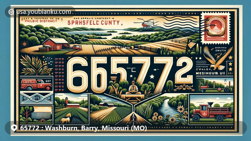 Modern illustration of Washburn, Barry County, Missouri, showcasing postal theme with ZIP code 65772, featuring rural life symbols like farming and ranching, hinting at Missouri's natural landscapes.