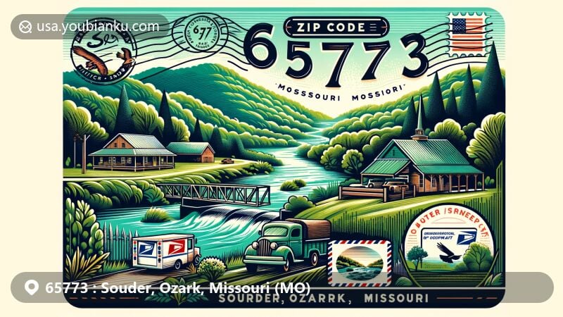 Modern illustration of Souder, Ozark, Missouri, highlighting postal theme with ZIP code 65773, featuring Spring Creek, lush landscape, and postal elements like a vintage postcard and Missouri state flag stamp.
