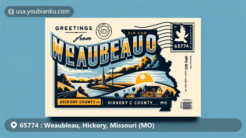 Modern illustration of Weaubleau, Hickory County, Missouri, with ZIP code 65774, resembling a postcard or airmail envelope, emphasizing the region's characteristics and postal theme.