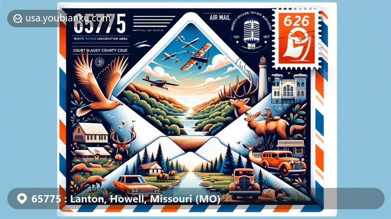 Creative illustration of Lanton, Howell County, Missouri, featuring air mail envelope with ZIP code 65775, showcasing White Ranch Conservation Area, South Fork of the Spring River, and West Plains historical sites.