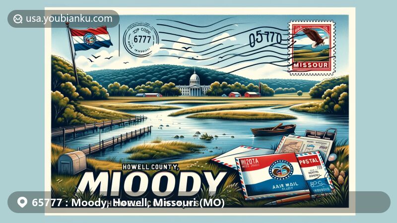 Modern illustration of Moody, Howell County, Missouri, featuring the tranquil Bennett River, rural landscape, and state symbols like the Missouri flag, with a vintage air mail envelope displaying a postcard of the area. ZIP code 65777 and 'Moody, Missouri' stamp add postal elements.