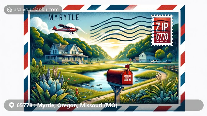 Modern illustration of Myrtle, Missouri, depicting a vintage airmail envelope with tranquil green landscapes and a quaint public library symbolizing Myrtle Branch Library. A classic red mailbox with '65778' postal code in the foreground. Integrates elements of Missouri such as state outline or flag colors. Bright and inviting colors highlight Myrtle's charm and the significance of postal service in community connections.