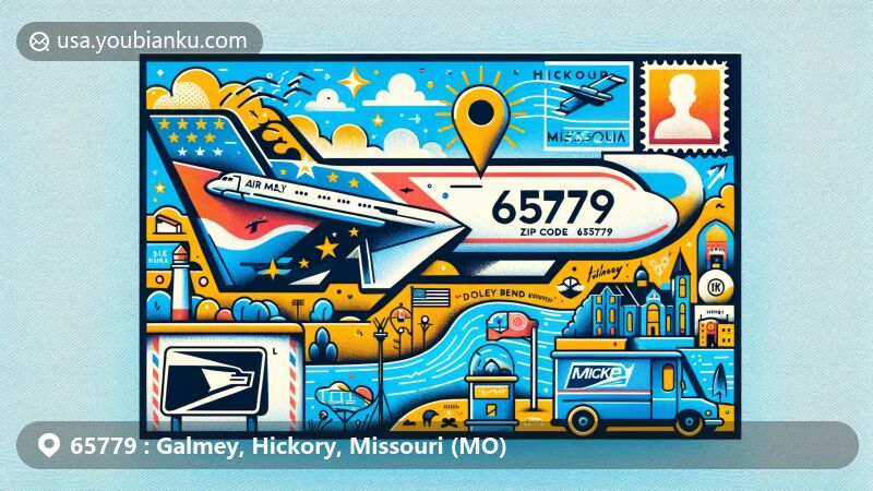 Contemporary postal theme illustration for ZIP code 65779, Galmey in Hickory County, Missouri, highlighting key landmarks like Dooley Bend and Pomme de Terre Lake, featuring Missouri state flag and postal symbols.