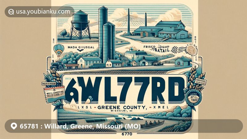 Modern illustration of Willard, Greene County, Missouri, showcasing agricultural and aggregate stone production industries, Frisco Highline Trail, and postal theme with vintage postcard elements for ZIP code 65781.