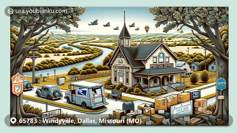 Modern illustration of Windyville, Missouri, showcasing postal charm with post office, vintage truck, ZIP code 65783, Niangua River, and white oak trees, capturing the town's history and natural beauty.