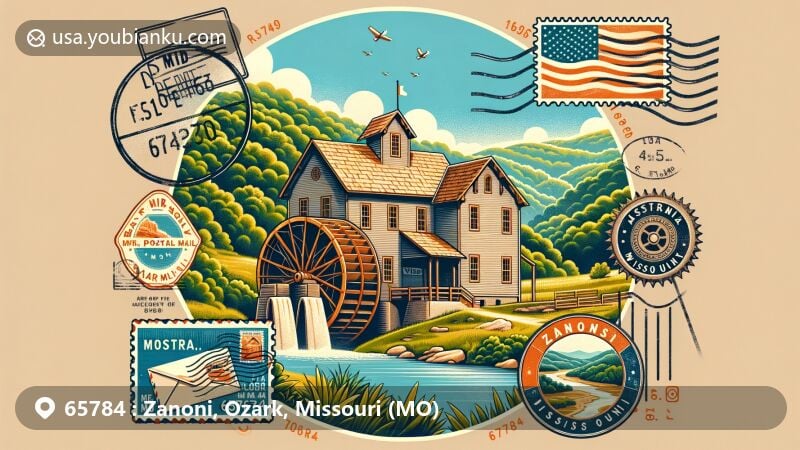 Modern illustration of Zanoni, Missouri, showcasing iconic watermill in Ozark County with lush green backdrop, vintage air mail elements, and Missouri state flag stamp.