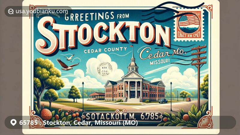 Modern illustration of Stockton, Cedar County, Missouri, featuring vintage postcard theme with iconic Stockton Community Building and Stockton Lake, showcasing Missouri's landscape with clear sky and greenery.