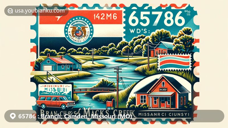 Modern illustration of ZIP code 65786 area in Branch and Macks Creek, Camden County, Missouri, showcasing small-town charm with a blend of land and water, incorporating Missouri state symbols and creative postal elements.