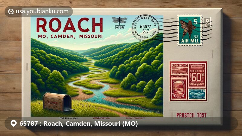 Modern illustration of Roach, Camden County, Missouri, showcasing postal theme with ZIP code 65787, featuring a serene nature scene of Little Indian Road area framed within a vintage air mail envelope.
