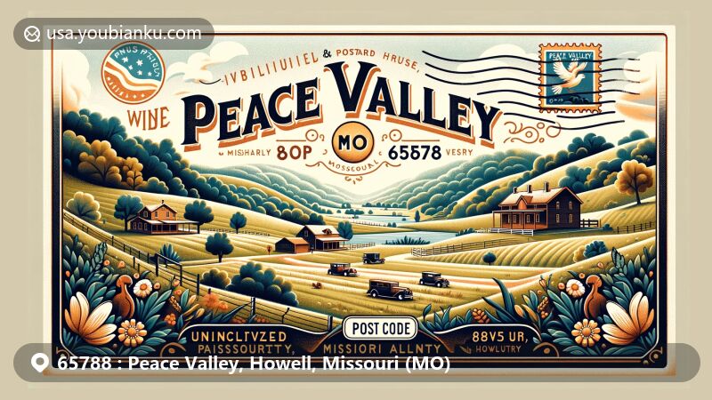 Creative illustration of Peace Valley, Howell County, Missouri, featuring ZIP code 65788. The design integrates local and postal themes with a modern style, showcasing rolling hills, lush landscapes, and vintage postcard elements.