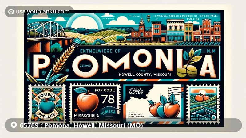 Modern illustration of Pomona, Howell County, Missouri, blending regional features with postal elements, showcasing ZIP code 65789, highlighting apple production heritage and tranquil ambiance.