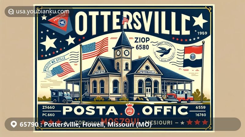 Modern illustration of Pottersville, Howell County, Missouri, capturing the essence of the community through a visually appealing postcard, featuring the historic Pottersville post office and Missouri state symbols.