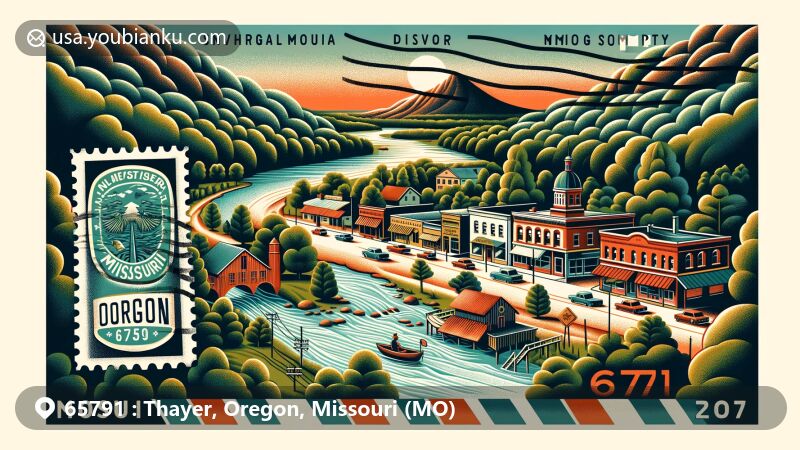 Modern illustration of Thayer, Missouri, showcasing natural beauty, historic downtown, and postal theme with ZIP code 65791, capturing outdoor recreation opportunities and southern hospitality.
