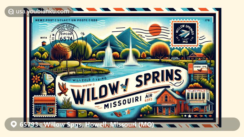 Illustration showcasing Willow Springs, Howell County, Missouri, featuring Ozark Mountains, willow trees around a spring, vintage postcard layout with Missouri state flag stamp and 'Willow Springs, MO 65793' postmark.