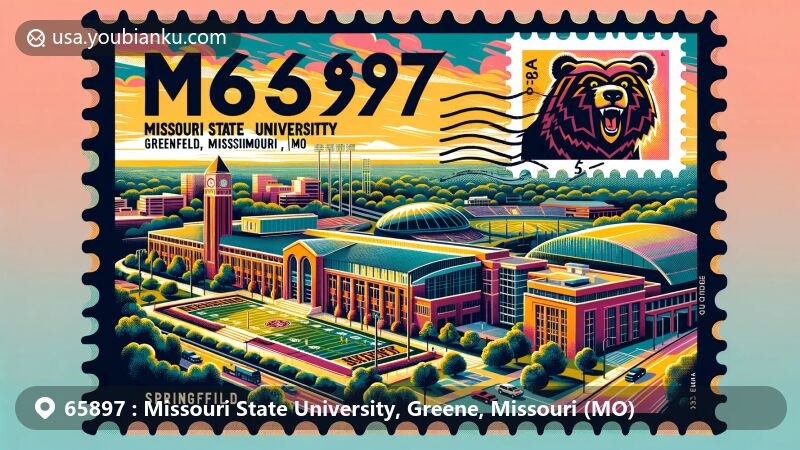 Modern illustration of Missouri State University in Springfield, Missouri, with elements representing Carrington Hall, Plaster Stadium, and the Bear mascot, set against the backdrop of Greene County. Features postal themes and the ZIP code 65897.