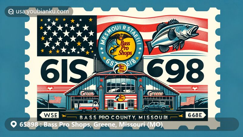 Modern illustration of Bass Pro Shops area in Greene County, Missouri, showcasing postal theme with ZIP code 65898, featuring Missouri state flag with state seal and iconic Bass Pro Shops elements.
