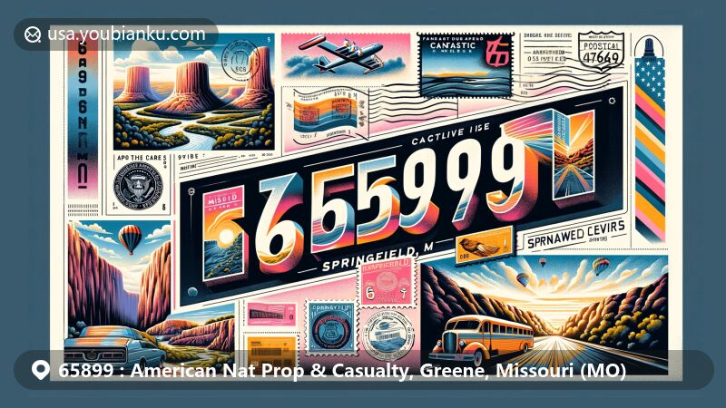 Modern illustration of Springfield, Missouri, featuring ZIP code 65899, Route 66, Fantastic Caverns, and a creative postal theme with vintage air mail elements.