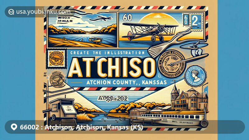 Modern illustration of Atchison, Atchison County, Kansas, capturing ZIP Code 66002 essence with Missouri River, Amelia Earhart Birthplace Museum, vintage airmail envelope, and postal elements.