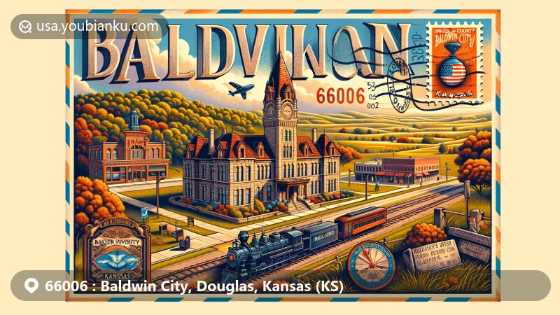 Modern illustration of Baldwin City, Douglas County, Kansas, showcasing educational heritage and historical transportation significance, featuring Baker University's Old Castle Museum and the Midland Railway.