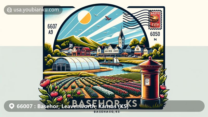 Modern illustration of Basehor, Kansas showcasing agricultural beauty and tranquil city park, featuring vibrant flower field symbolizing local farming activities and background city park representing the town's peaceful charm, with a mailbox and '66007 Basehor, KS' postage stamp adding postal elements and postcard theme for creative and attractive appeal.