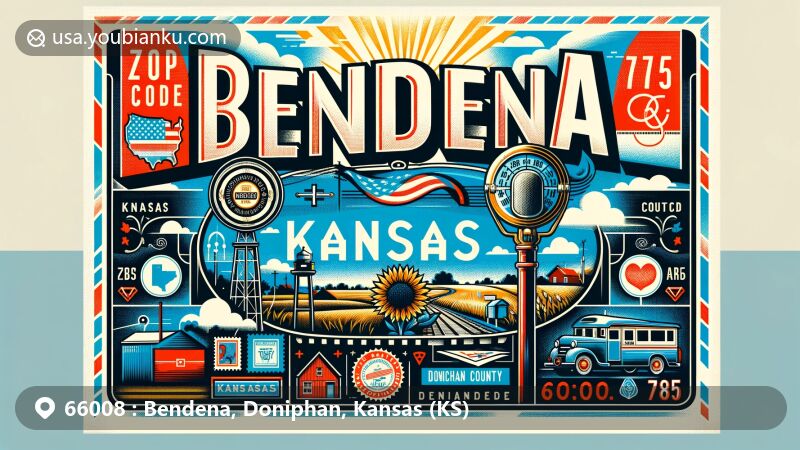 Modern illustration of Bendena, Doniphan County, Kansas, highlighting postal theme with ZIP code 66008 and area code 785, featuring county map silhouette, vintage telegraph, and Kansas state symbols.