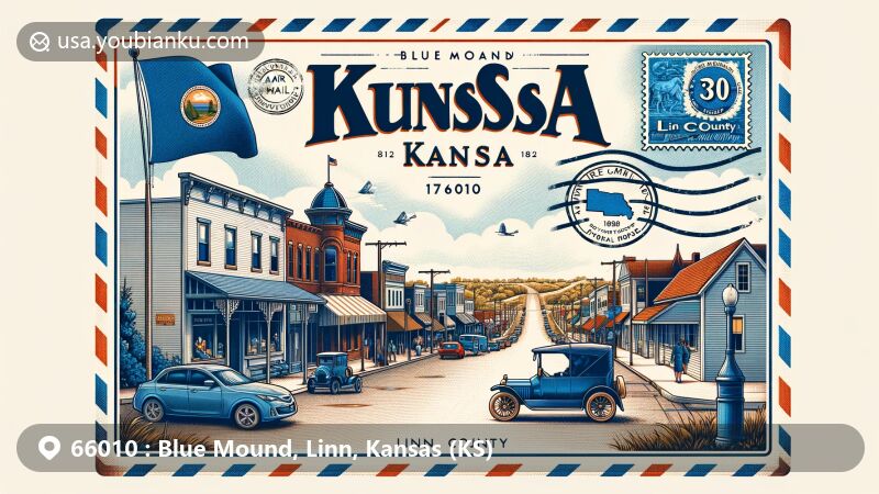 Creative illustration of Blue Mound, Kansas, showcasing historical and postal themes, including Main Street development around 1882, Kansas state flag, and Linn County outline.