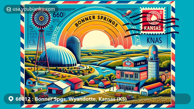 Vibrant illustration of Bonner Springs, Wyandotte County, Kansas, featuring Azura Amphitheater, National Agricultural Center and Hall of Fame, and Moon Marble Company in a scenic setting with Kansas River and rolling hills.